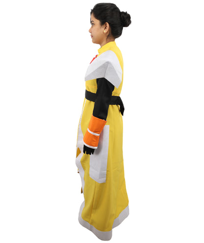 HPO Fantasy Warrior Dress Suit | Yellow and black uniform nw construction featuring a main body dress, hand gloves, and structured belt | Ideal for party, Halloween, cosplay, theater, drag, performance, costume events