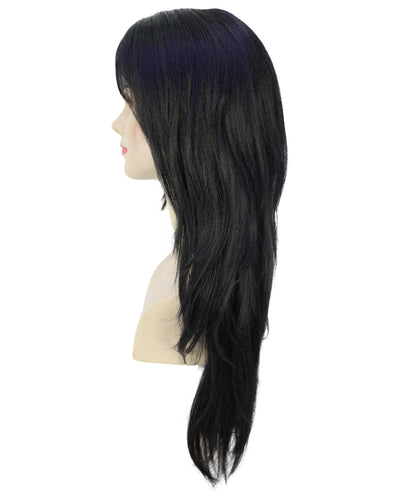 HPO Adult Womens Sleek Black Wig with Layered Cut & Wispy Bangs | Celebrity Inspired Long Hair Look | Ideal for Halloween | Breathable Cap