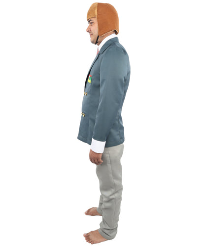 HPO Unisex Vintage Aviator Costume – Blue Blazer with Grey Pant, Mock Shirt Front, Bow Tie, Scarf & Trousers | Party Suit for Visual Scenes