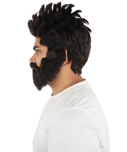 HPO Men’s Animated Genius Spiky Wig Beard & Mustache Set  – Wild Mad Scientist Pointed Beard & Curled Mustache Combo | Ideal for Animated Cosplay, Halloween Parties & Events