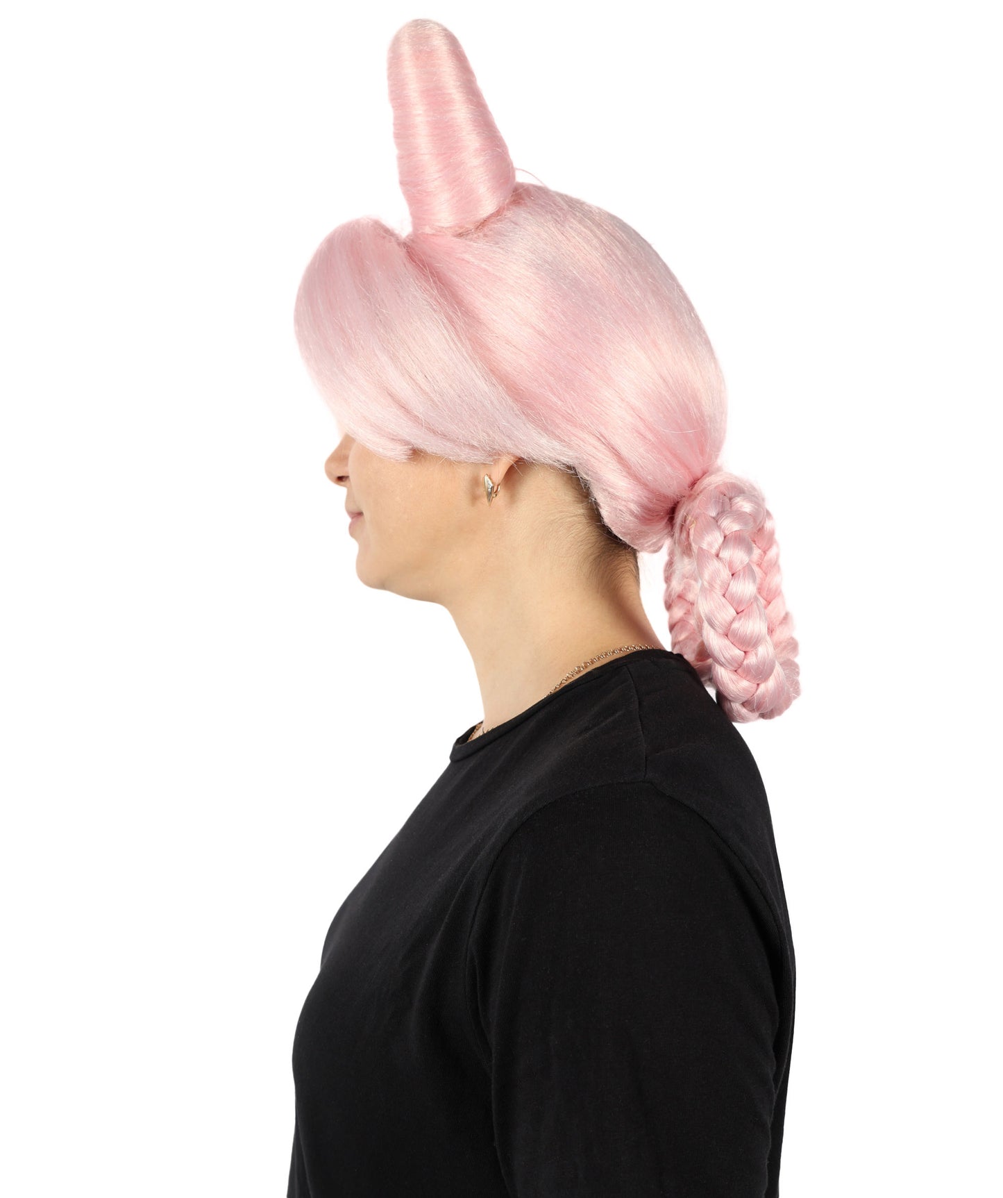 HPO Women’s Online Battle Game Pink Horned Twist Braided Wig | Suitable for Halloween | Breathable Capless Cap