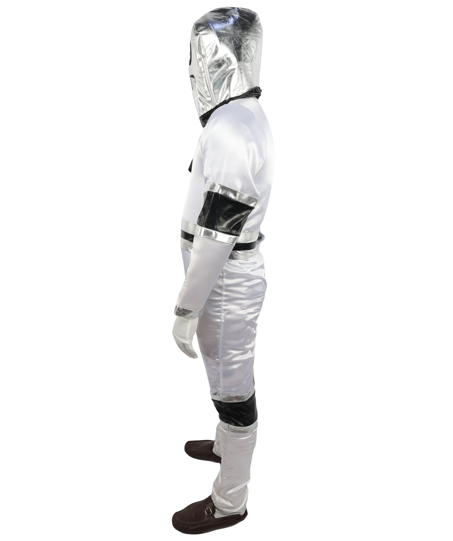 HPO Men's Metallic Silver & Black Android Bodysuit | Shiny PVC and Satin Finish with Full Head Cap and Matching Hand Gloves | Ideal for Cosplay, Halloween, Drag, and Futuristic Theater Performances