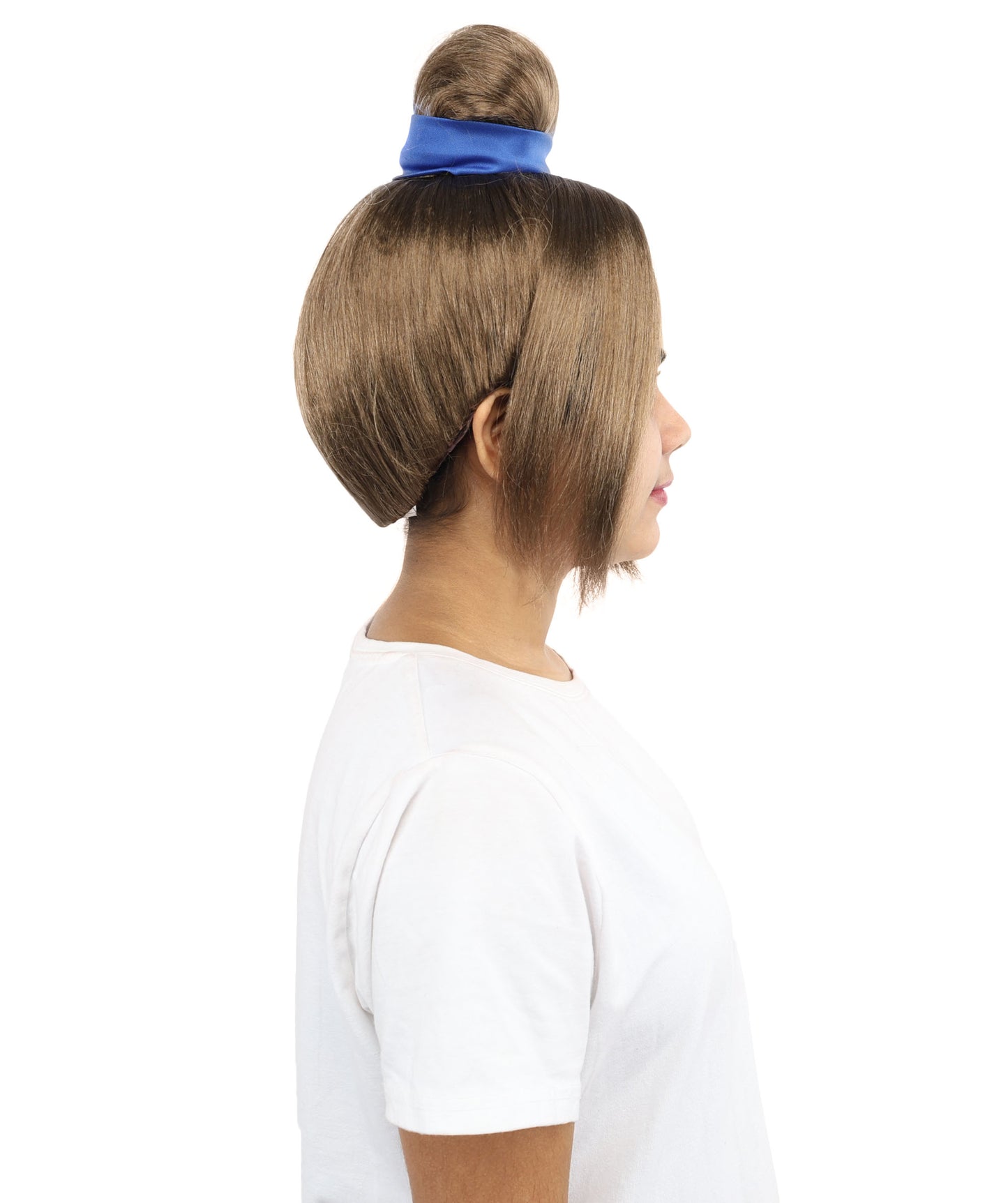 HPO Women’s Historical Tall Bun Wig with Blue Ribbon and Side Bangs | 12 Inch Synthetic Costume Hairpiece | Capless Cap Wig for Theater, Cosplay, Halloween Events