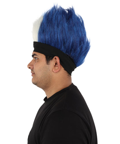 HPO Men's Navy Blue and White Mohawk Wig | Spiky Upright Flame-retardant Synthetic Fiber Headband Design | Halloween Themed Party Football Fan Gear