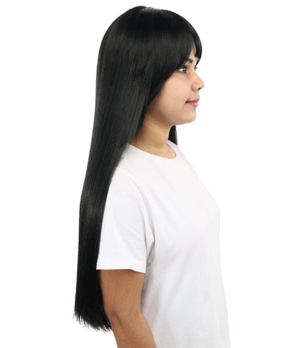 HPO Women's Sleek Straight Wig | 27 Inch Black Texture Face Framing Bangs Heat Friendly Fiber | Party Halloween Cosplay Theater Drag Performance Costume Events