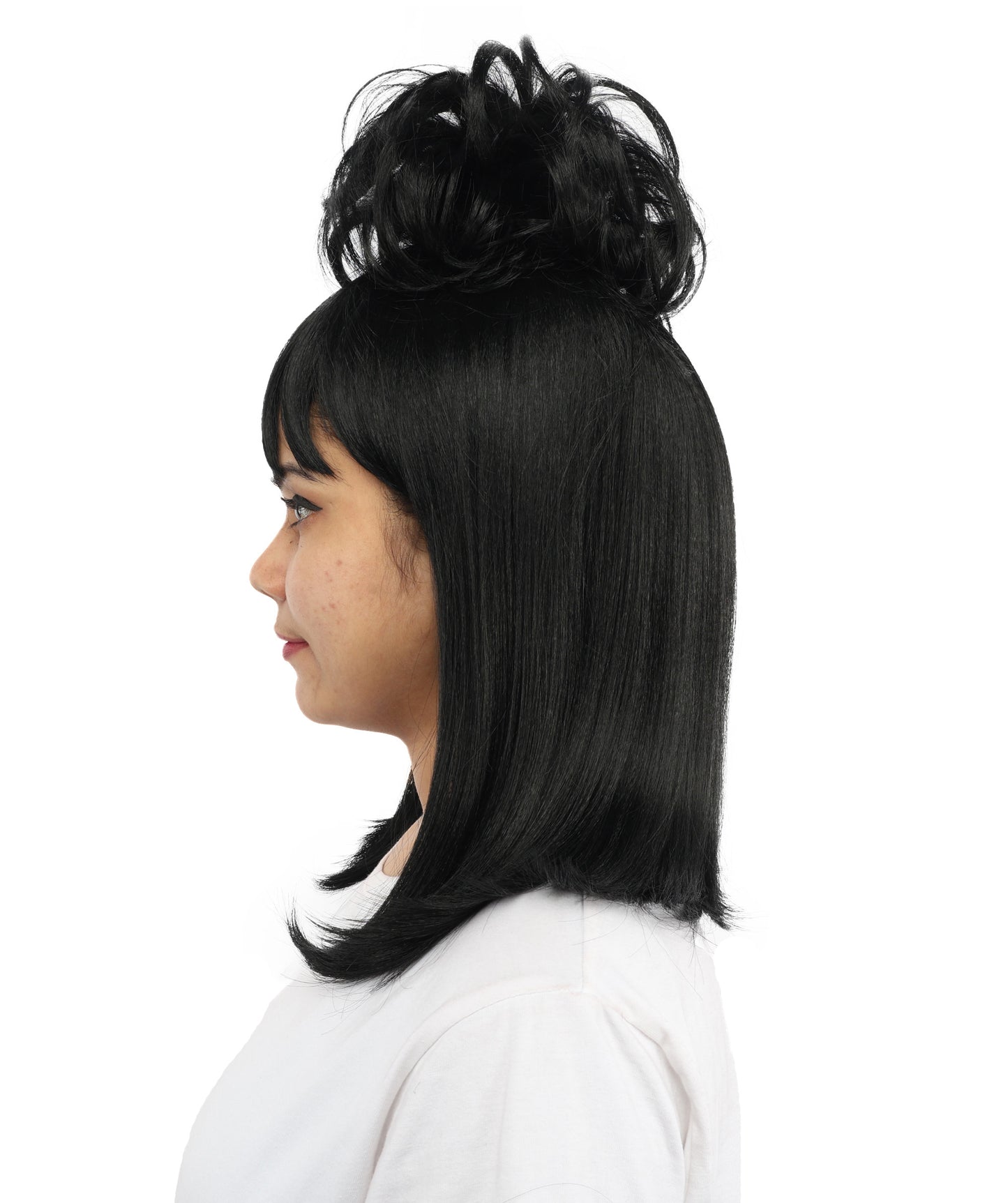 HPO Women's Retro Beehive Updo Wig | Black Hair Style with Straight Bangs | Ideal for Theme Events, Fancy Dress Wear & Party Performances