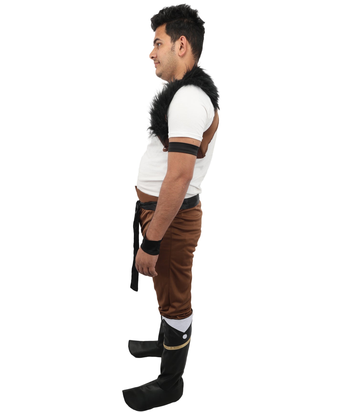 HPO Men's Anime Beast Fighter Suit | Brown and black fur ronior jersey construction featuring a curi, dress, belt, and leg socks | Ideal for party, Halloween, cosplay, theater, drag, performance, costume events