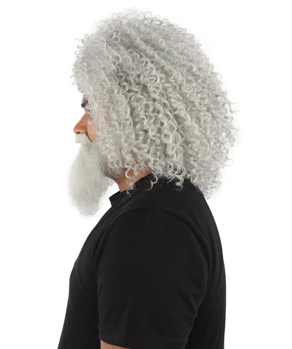 HPO Men's Wild Caveman Orange Wig Beard & Mustache Set | Massive Frizzy Orange Afro and Full Beard Set with Messy Texture | Prehistoric Costume, Viking Cosplay, Halloween, and Funny Party Props