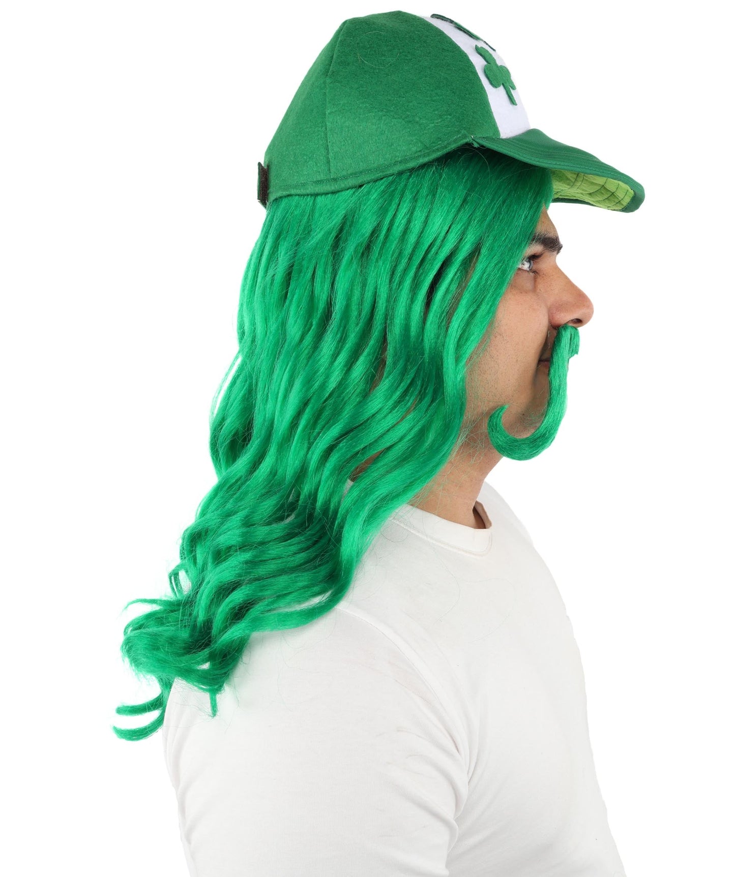 Green Mullet Hair Hat Wig & Mustache Set for Men | Synthetic Retro Punk Hairstyle | Wigs for Cosplay, Halloween, Parties & Roleplay