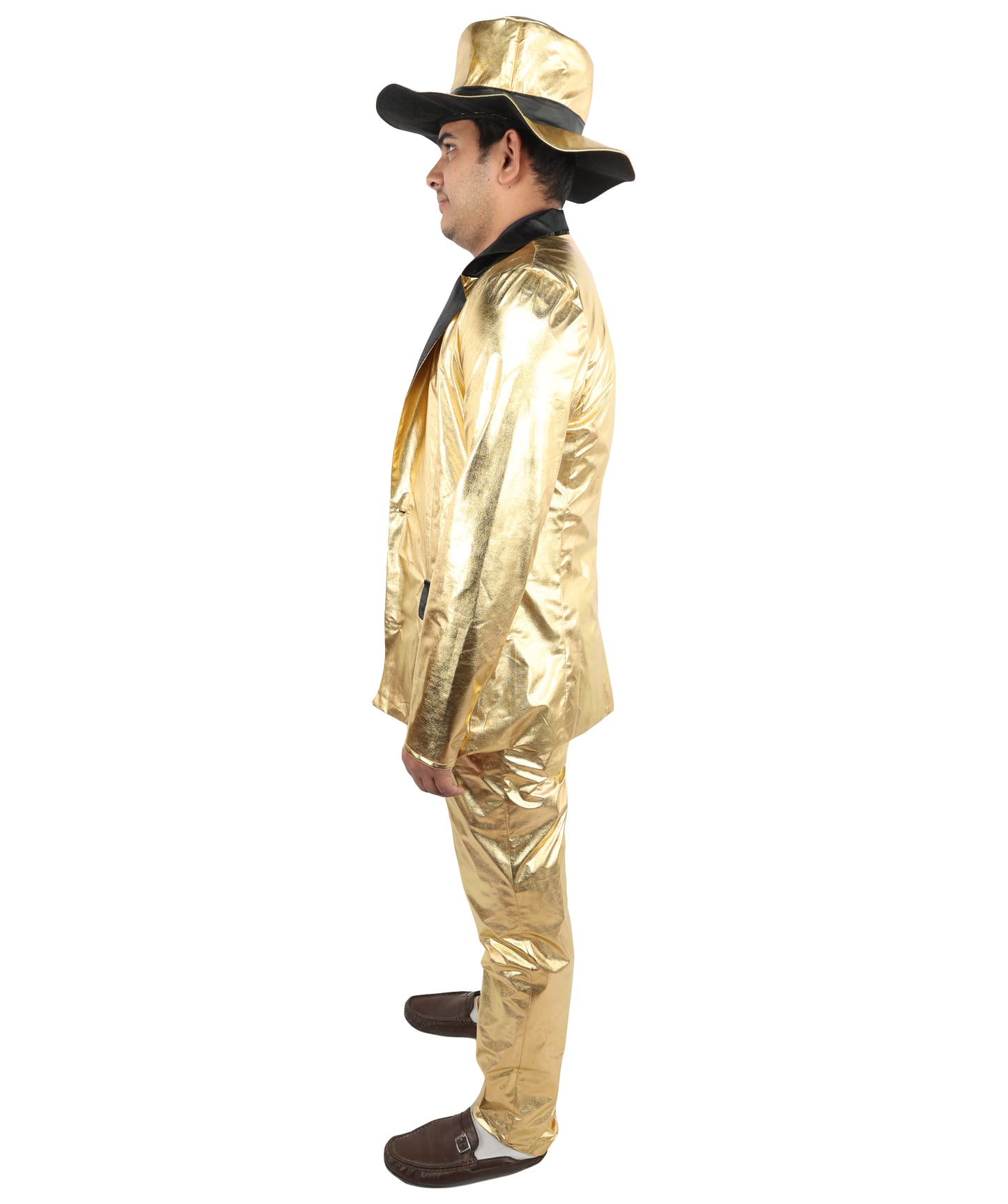 HPO Men's Metallic Gold & Black Pimp Suit | Shiny PVC and Satin Finish with Matching Hat T-Shirt and Belt | Ideal for Cosplay, Halloween, Drag, and 1970s Theme Performance Events