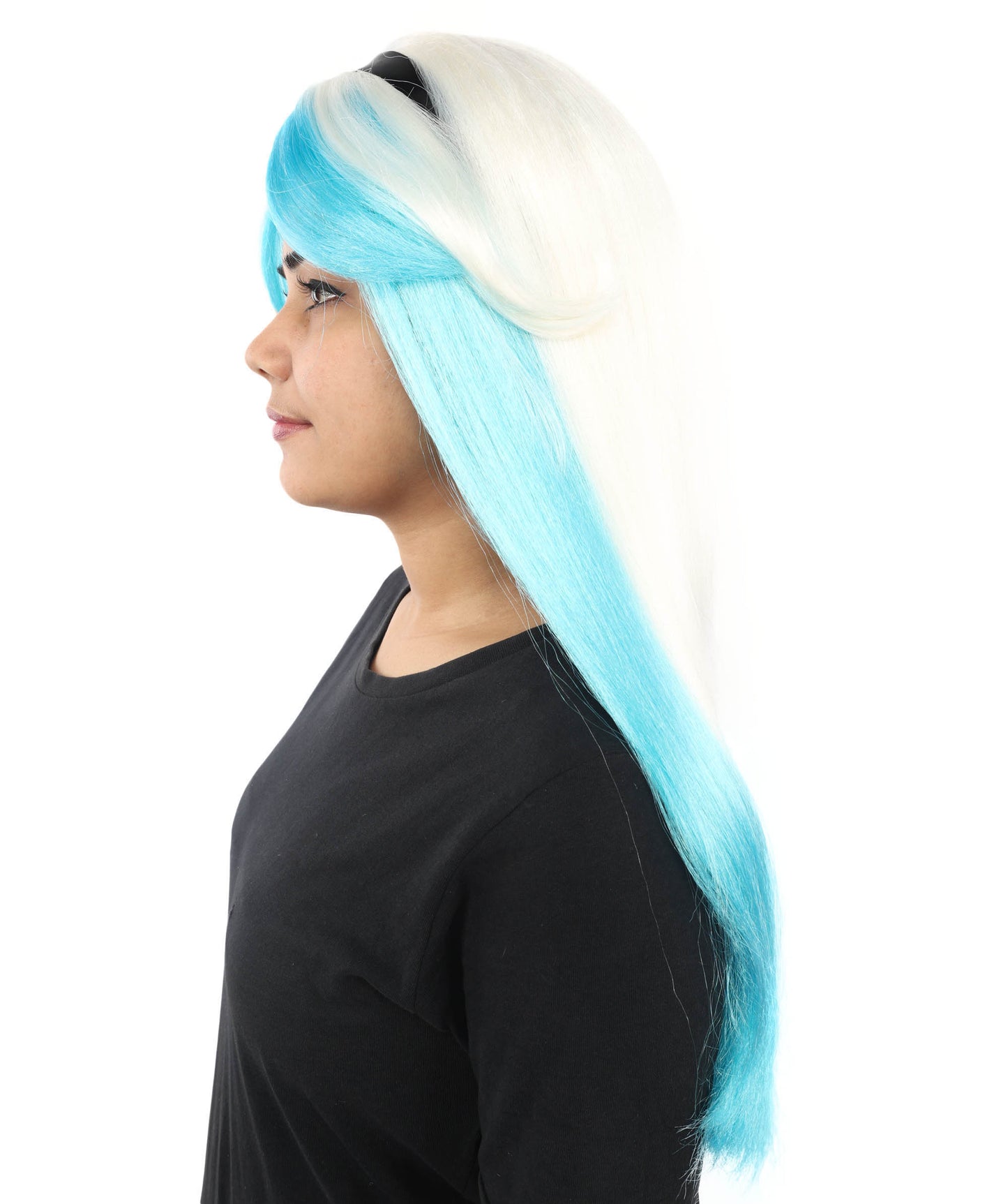 HPO Women's Long Two-Tone Blue and White Fairytale Wig | Twisted Waves with Ribbon Headband | Lightweight Synthetic Wig for Cosplay, Stage & Costume Parties