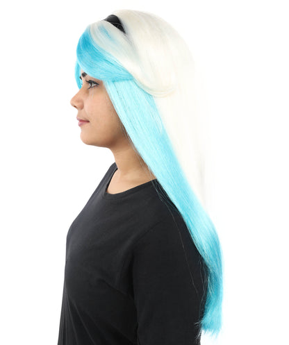 HPO Women's Long Two-Tone Blue and White Fairytale Wig | Twisted Waves with Ribbon Headband | Lightweight Synthetic Wig for Cosplay, Stage & Costume Parties