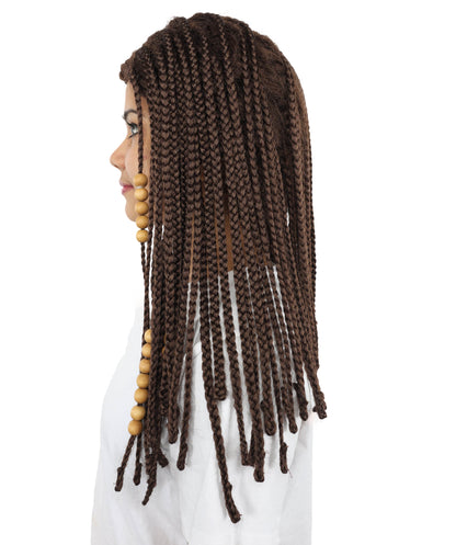 HPO Women's Fantasy Tribal Warrior Wig with Braids & Beads | Long Brown Synthetic Hairpiece with Adjustable Cap for Cosplay, Halloween & Roleplay