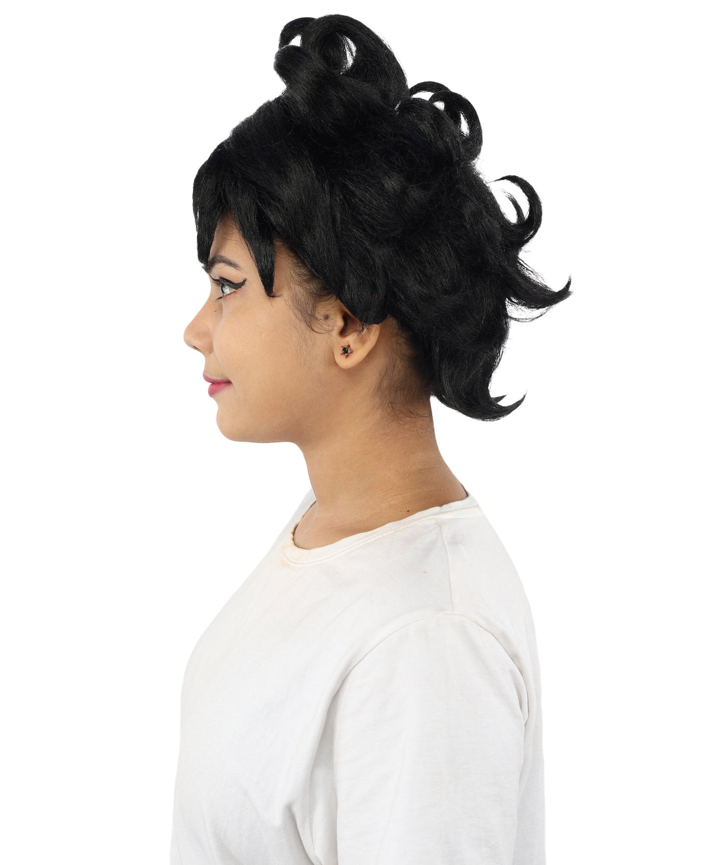 HPO Women's Vintage Pinup Curl Wig | Black synthetic fibers with structured ringlet loops and capless construction | Essential for theatrical stage Halloween drag performance and costume events