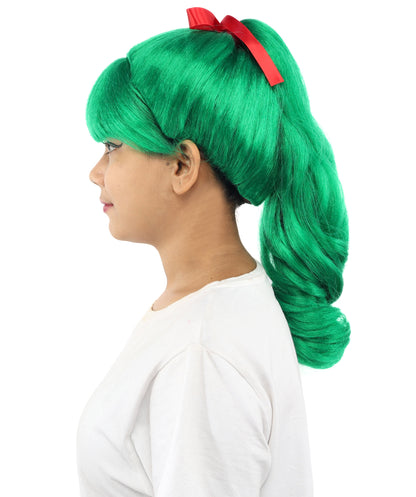 HPO Women's Spiral Ponytail Wig | Multicolor Options | High Updo with Red Ribbon Bow & Bangs, Heat Friendly Synthetic Fiber & Breathable Cap | Halloween, Christmas Event, Themed Party, Theater & Roleplay
