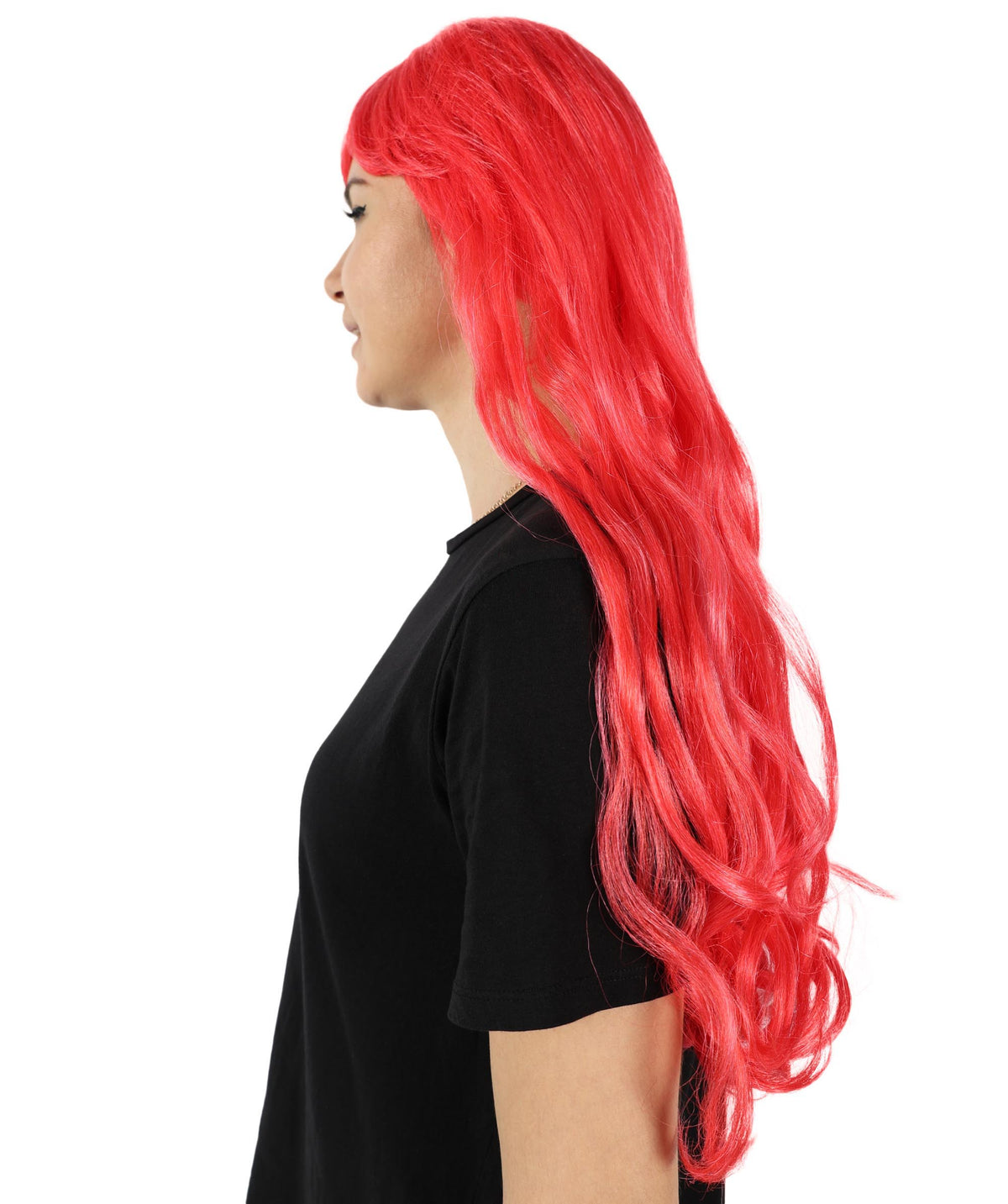 HPO Women's Red Long Wavy Desire Wig with Front Bangs | Halloween and Party Wig | Flame-retardant Synthetic Fiber  |  Premium Breathable Capless Cap