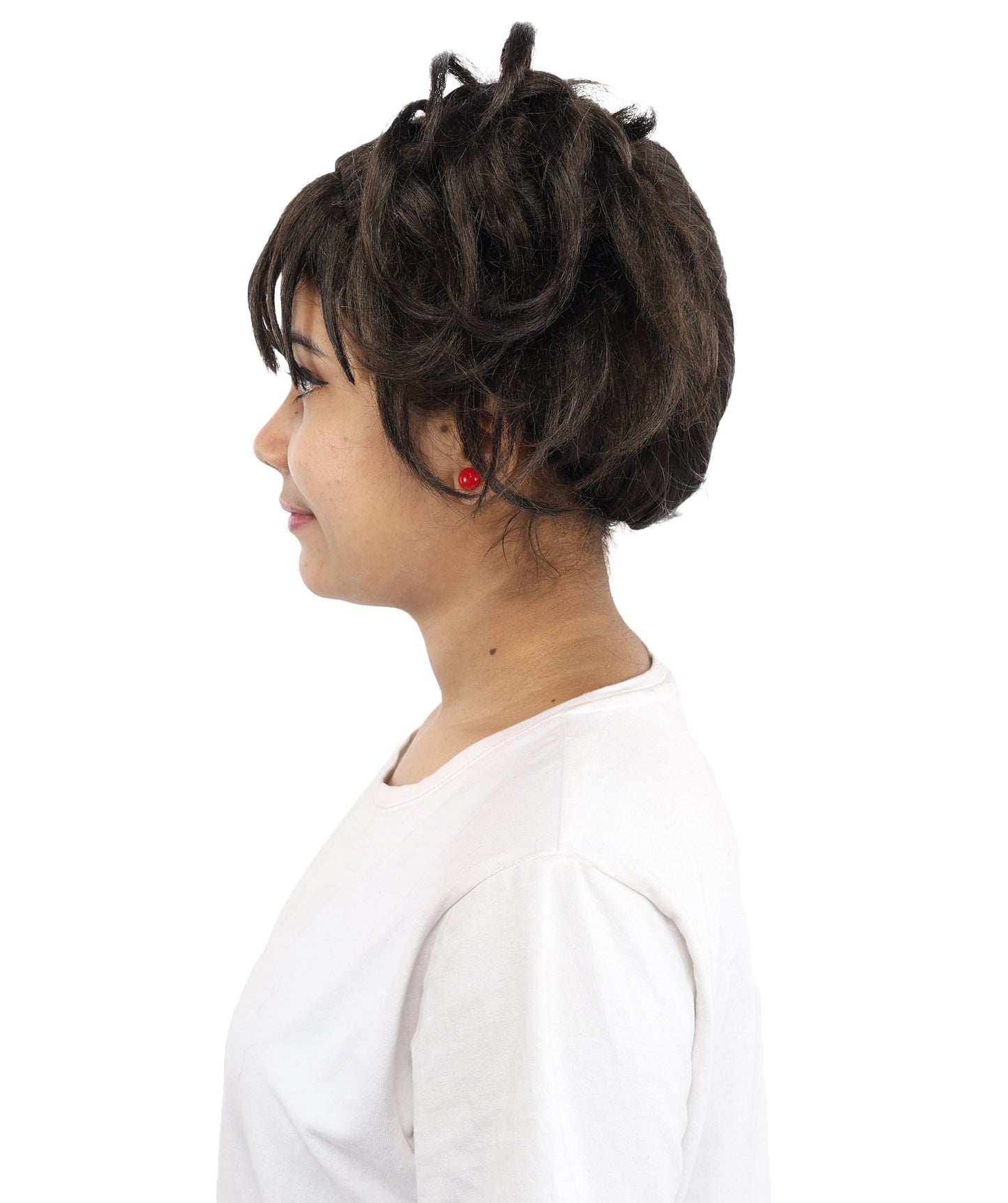 HPO Women’s Messy Twin Bun Wig with Graphic Bangs | Edgy Chocolate Brown Wig for Cosplay, Fashion Events, Halloween & Stage Wear | Adjustable Cap, Lightweight Synthetic Fiber