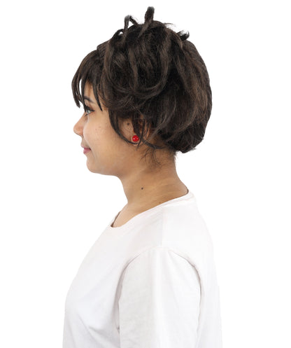 HPO Women’s Messy Twin Bun Wig with Graphic Bangs | Edgy Chocolate Brown Wig for Cosplay, Fashion Events, Halloween & Stage Wear | Adjustable Cap, Lightweight Synthetic Fiber