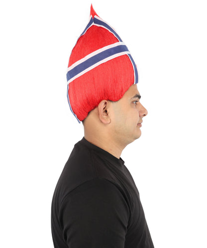 HPO Unisex Norway Flag Troll Wig – Red White Navy Spiky Hair with Capless Cap | Fan Wig for Sports Events, National Celebrations & Parties