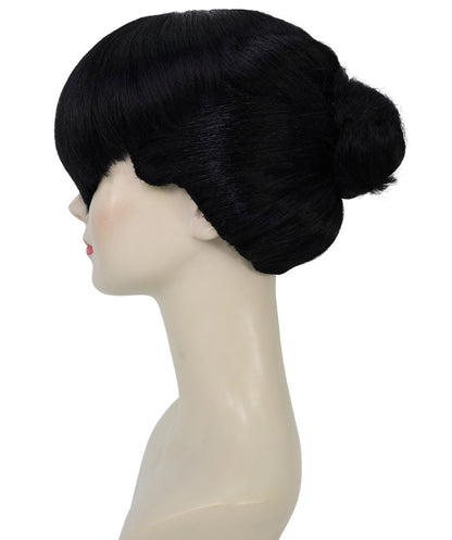 HPO Adult Women’s Sculpted Visor Bangs Wig with Sleek High Bun | Halloween Wig | Flame-Retardant Synthetic Fiber | Breathable Capless Cap Design