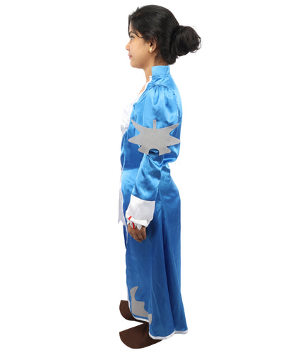 HPO Women's Anime Sorceress Roleplay Suit | Flowing white and blue satin jersey construction featuring a long dress, hand gloves, and leg socks | Ideal for party, Halloween, cosplay, theater, drag, performance, costume events