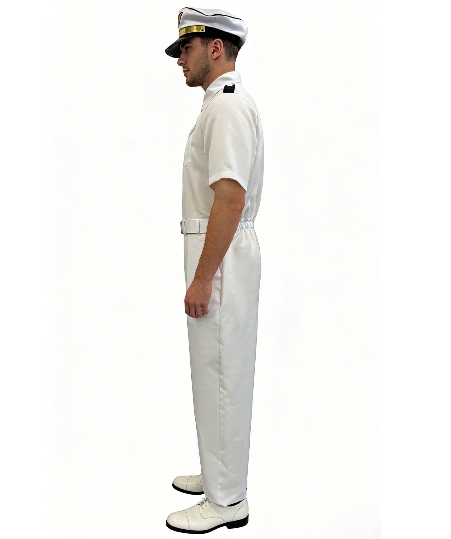 HPO Men's White Captain Costume | Crisp white ronior construction featuring a uniform jumpsuit, belt, and matching hat | Ideal for party, Halloween, cosplay, theater, drag, performance, costume events
