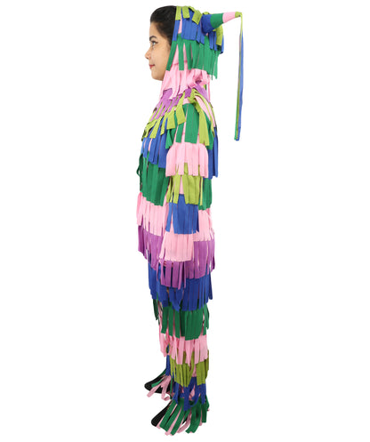 Bright Multicolored Pinata Jumpsuit Costume | Adult Funny Striped One-Piece with Fringe Details | Playful Outfit for Halloween, Cosplay, Parties & Festivals