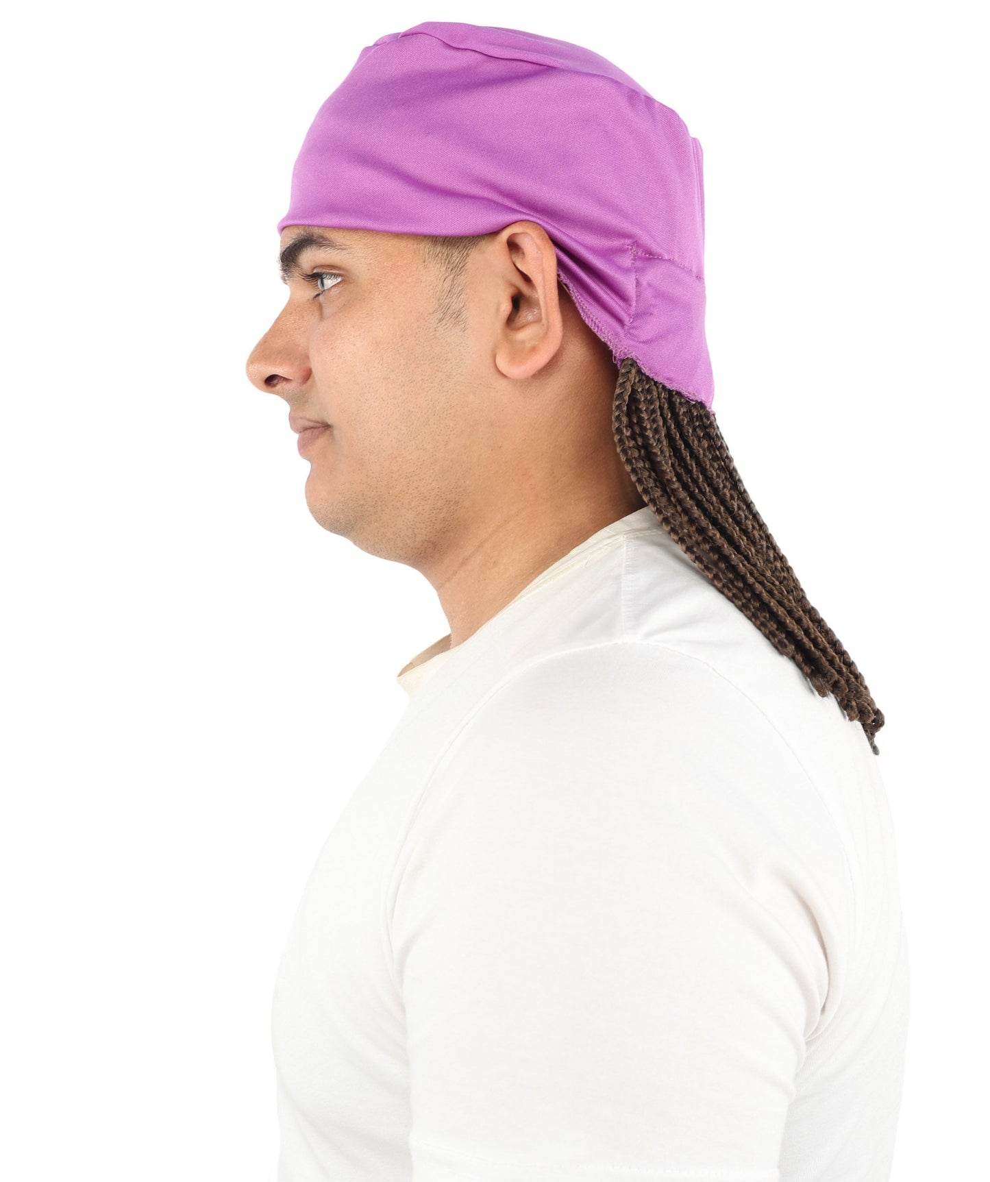 Men’s Movie Character Inspired Black Braided Wig with Purple Head Wrap Hat | Flame-retardant Synthetic Fiber | Ideal Hairpiece for Cosplay & Halloween