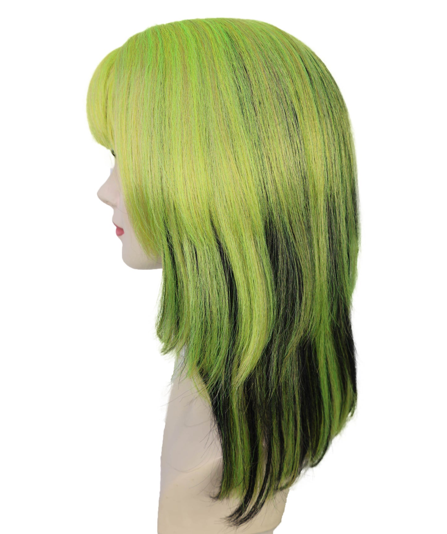 HPO Adult Short Lolita Straight Wig with Bangs for Women | Green & Black Highlighted Synthetic Wig | Breathable Cap for Daily Wear & Halloween Looks