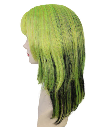 HPO Adult Short Lolita Straight Wig with Bangs for Women | Green & Black Highlighted Synthetic Wig | Breathable Cap for Daily Wear & Halloween Looks