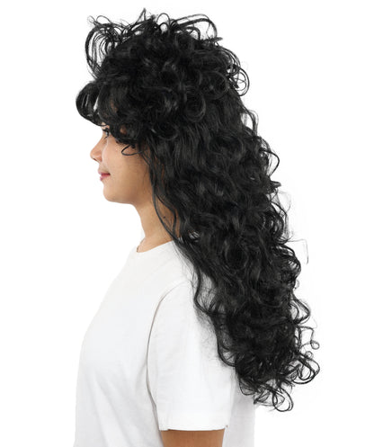 HPO Women’s Long Curly Black Seduction Wig | Voluminous 80s-Inspired Costume Hairpiece for Halloween, Glam Rock, Disco, and Cosplay | Breathable Capless Cap Design