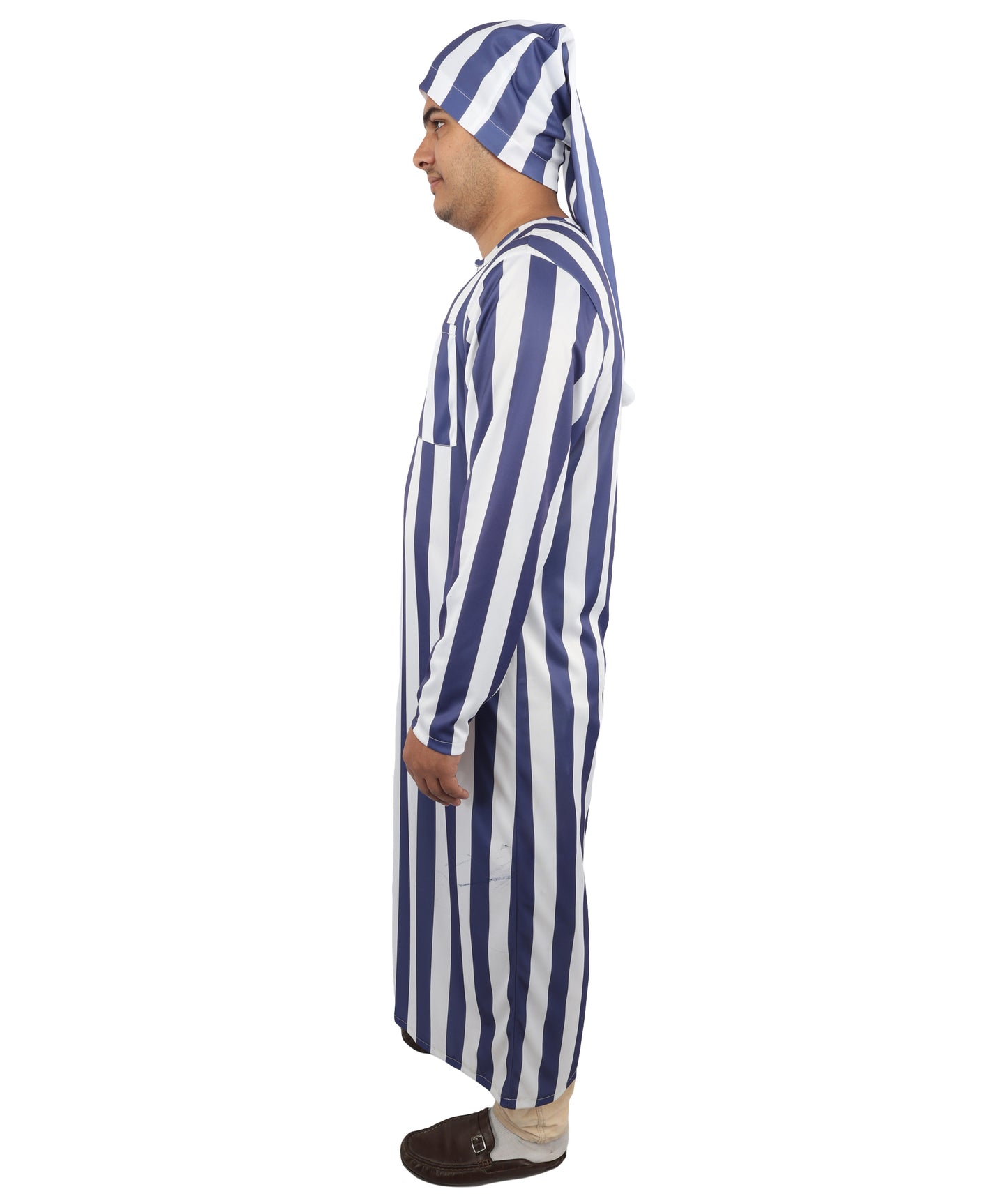 HPO Men's Victorian Striped Sleepwear | Blue and White Vertical Stripe Jersey with Adjustable Matching Nightcap | Ideal for Theater, Halloween, Cosplay, and Historical Performance Events