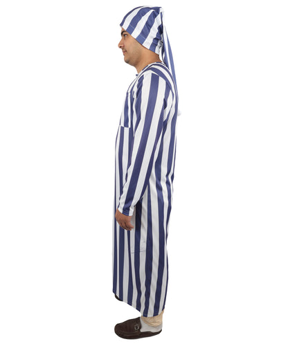 HPO Men's Victorian Striped Sleepwear | Blue and White Vertical Stripe Jersey with Adjustable Matching Nightcap | Ideal for Theater, Halloween, Cosplay, and Historical Performance Events