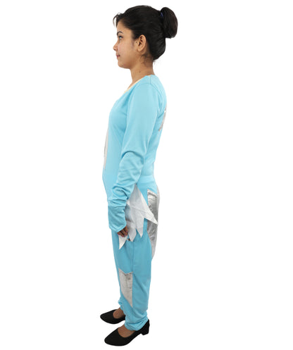 HPO Women's Ice Blue Jumpsuit Costume | Shimmering Synthetic Febric Bodysuit with Metallic Accents and Fringe | Idal for Halloween, Cosplay, Drag, and Themed Events