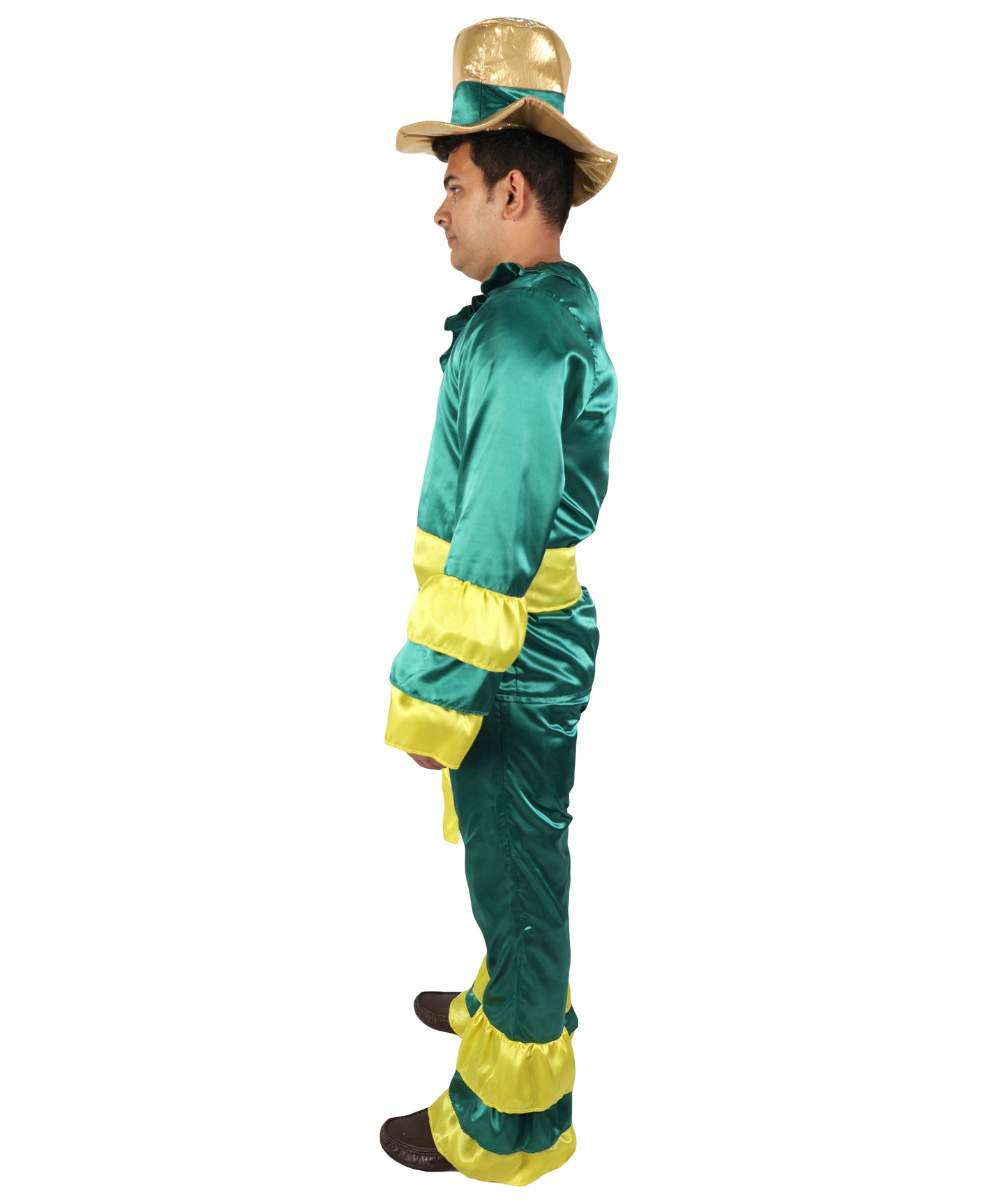 HPO Men's Rumba Dancer Costume | Vibrant Green and Yellow Tiered Ruffle Tunic Flared Jumpsuit Matching Straw Hat | Halloween Cosplay Theater Drag Performance Costume Events