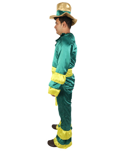HPO Men's Rumba Dancer Costume | Vibrant Green and Yellow Tiered Ruffle Tunic Flared Jumpsuit Matching Straw Hat | Halloween Cosplay Theater Drag Performance Costume Events