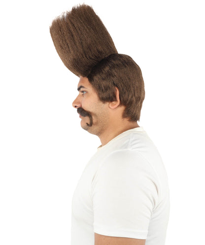HPO Adult Men's Tall Flat Top Wig and Mustache | Vertical Dark Pompadour with Long Handlebar Facial Hair, Synthetic Fiber & Breathable Net | Halloween, Carnival, Stage Performance & Roleplay