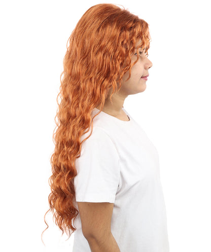HPO Women's Long Deep Wave Wig | 28 Inch Copper Red Crimped Texture Synthetic Fiber | Party Halloween Cosplay Theater Drag Performance Costume Events