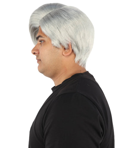 HPO Adult Men's Short Black Side Swept Wig | Thick Layered Bangs with Natural Texture,  Adjustable Cap | Halloween, Themed Party, Stage Performance & Roleplay