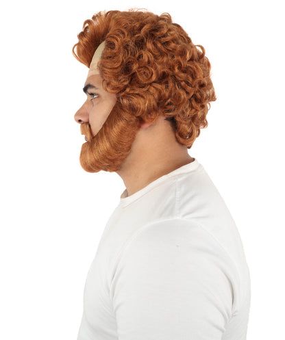 HPO Men’s Short Brown Curly Wig Beard & Mustache Set – Messy Sleepy Style Wig with Natural Afro Curls | Animated Movie-Inspired for Halloween & Cosplay Characters
