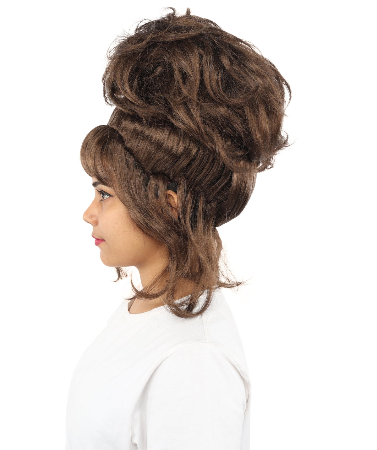 HPO Adult Women's Elegant Updo Tendril Wig | Multiple Color Options | Pastel peach hue, create of synthetic fiber, high teased volume with face-framing strands, breathable capless cap | Party, Halloween, theater, drag, performance, costume events