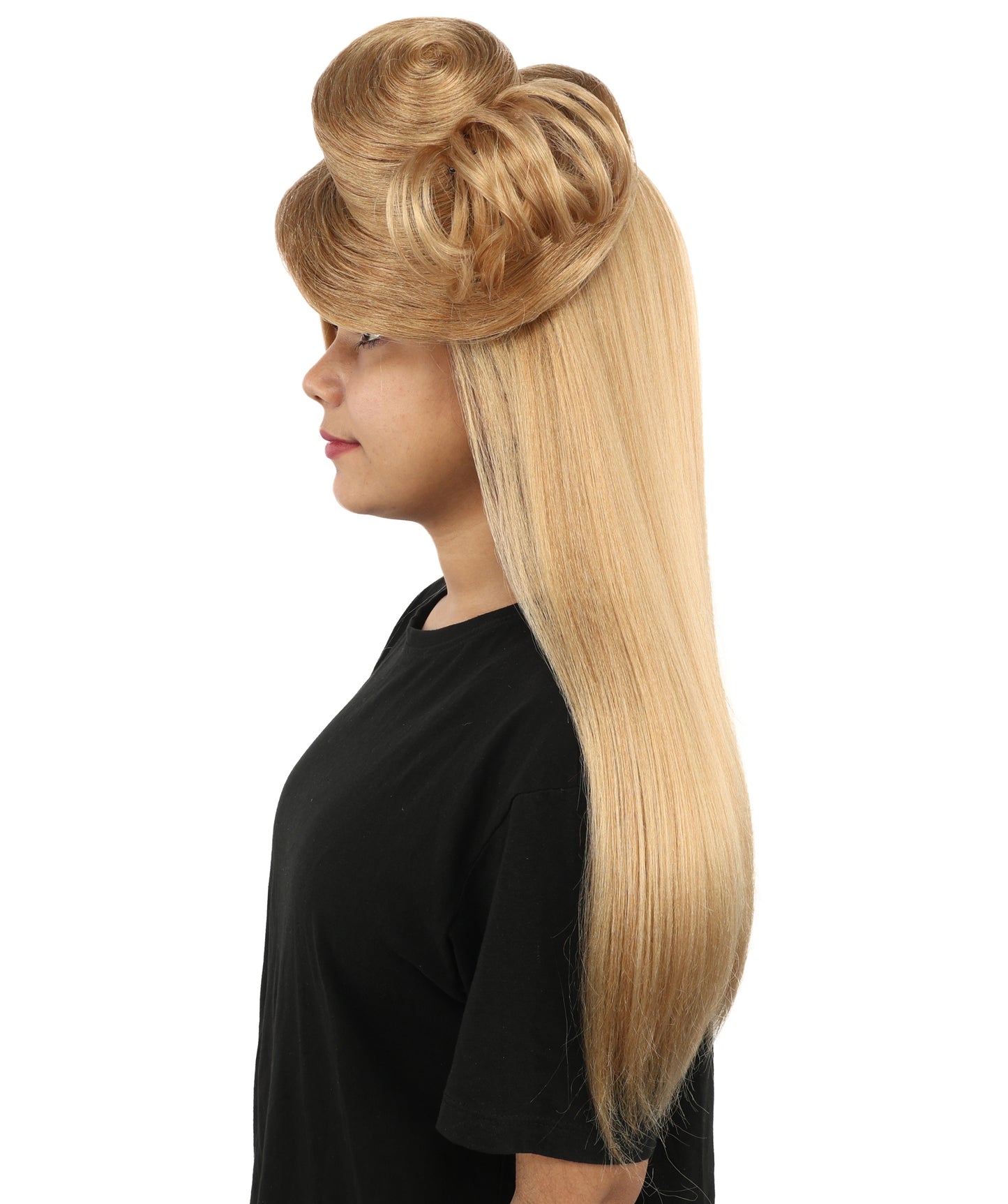 HPO Women's Sculpted Pillbox Hat Wig | Dark honey blonde hue, create of synthetic fiber, integrated 23-inch smooth straight volume with coiled fascinator texture, breathable base | Party, Halloween, theater, drag, performance, costume events