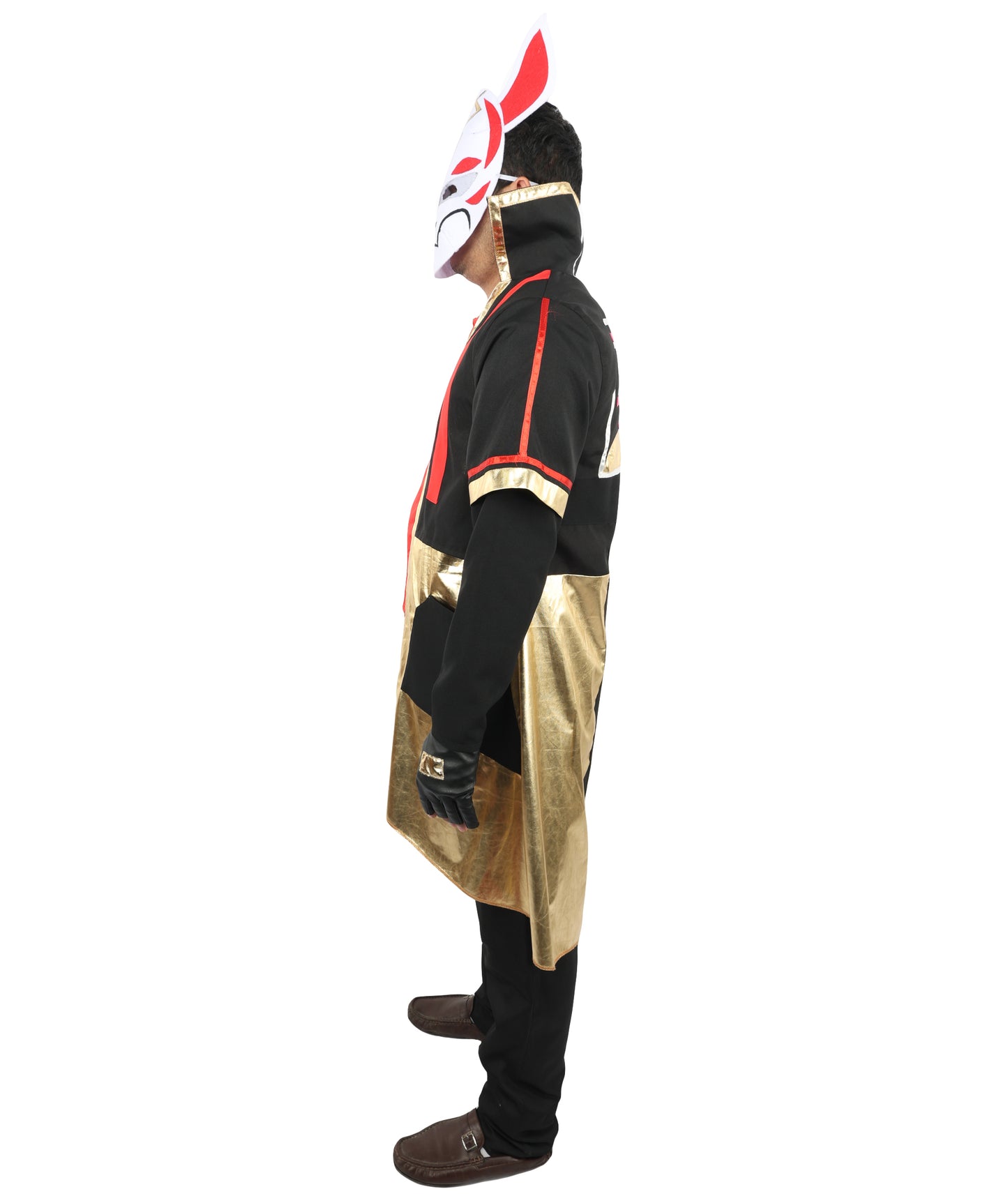 HPO Men's Neon Fox Streetwear Outfit | Multi-Layered Gold Satin and Ronior Fabric with Fox Mask and Gloves | Ideal for Cosplay, Halloween, Drag, and Urban Theater Performances