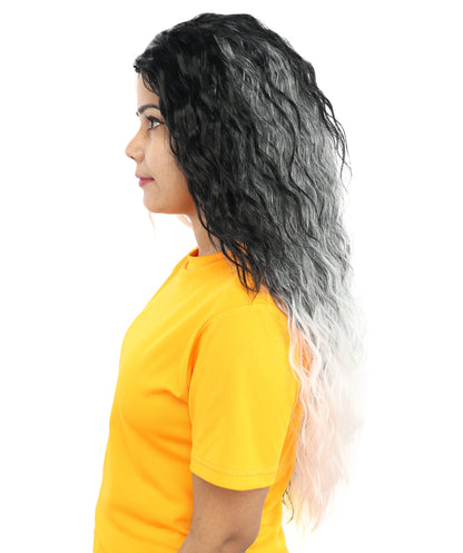 HPO Women’s Long Black and White Gothic Wig – 26 Inch Extra Long Wavy Two-Tone Hairpiece | Ideal for Halloween, Costume Parties & Themed Events