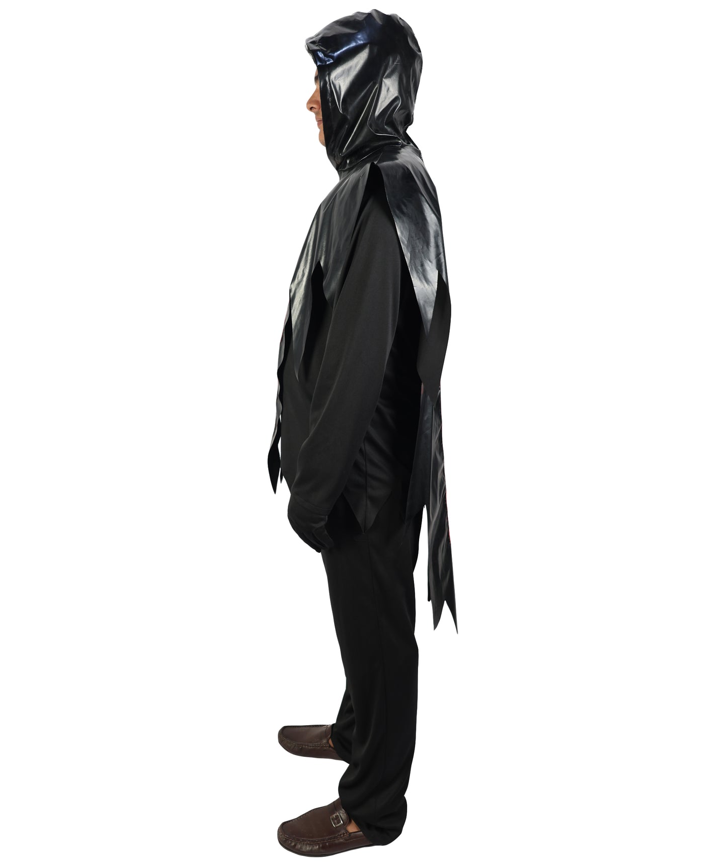 HPO Men's Ghost Slasher Costume | Grim Reaper Style Black Hooded Tunic Jagged Edge Robe Blood Red Ghost Mask | Youth Halloween Cosplay Thriller Horror Theater Performance Costume Events