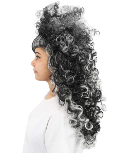 HPO Women's Vampire Mistress Curly Wig | Long Layered Black Hair with White Highlights and Teased Roots | Classic Horror Cosplay and Theme Parties