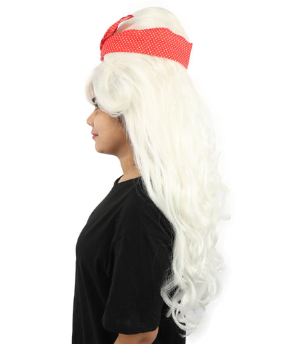 HPO Women’s Retro Beehive Wig with Red Bow | Multicolor Options | Extra Long Wavy Fancy Dress Accessory | Fancy Dress Accessory | Celebrity-Inspired Hair for Halloween, Cosplay & Music Tribute Parties