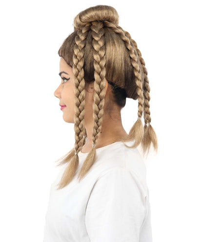 HPO Women's Spider Bun Braided wig | Brown, created of flame-retardant synthetic fiber, novelty spider shape with woven legs, capless base | Halloween, novelty events, party, drag