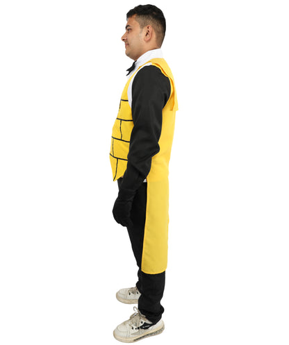 HPO Men's Yellow Black White Brick Demon Costume | Tailcoat Suit with Eye Symbol on Back and Bow Tie | Ideal for Halloween, Theater, Drag, and Mystery Events
