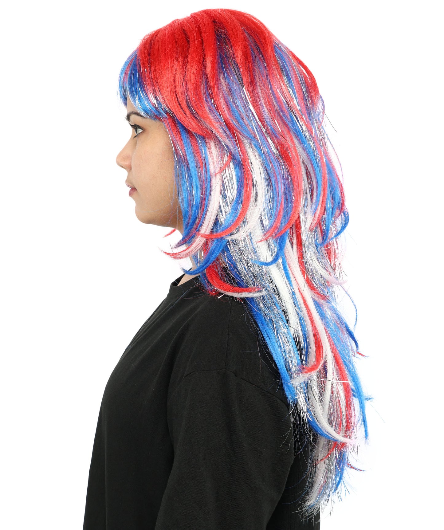 HPO Women's Patriotic Long Wig | Multi Color Hairpiece | Adjustable Inner Straps Cap for Parades, Holidays & Theme Events